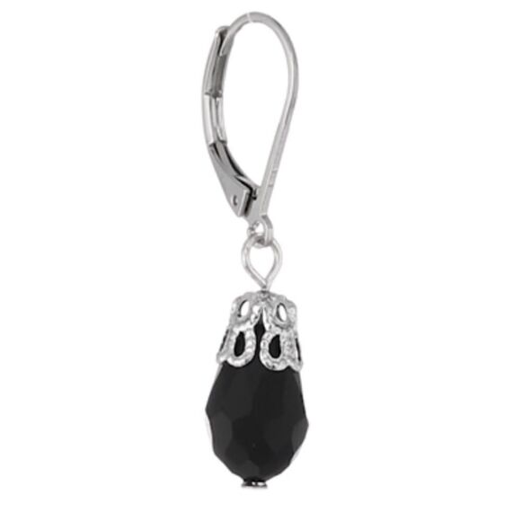 1928 Silver and Black Onyx Crystal Dangling Lever Back Hook Earrings - Picture 3 of 6
